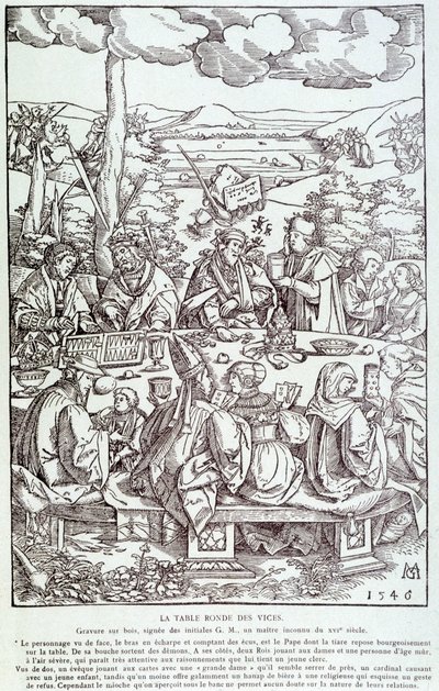 De ronde tafel van ondeugden: spel, hebzucht, lust, trots... (gravure 1546) door Unknown artist