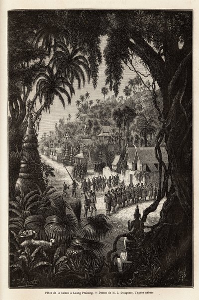 De seizoensvieringen in Luang Prabang, koninklijke hoofdstad van Lan Xang (koninkrijk van de miljoen olifanten) (hedendaags Laos), bestaande uit een processie van de inwoners en een pagode van aanbidding door de stad. Gravure ter illustratie van een ontdek door Unknown artist
