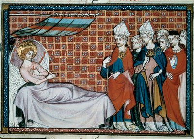 De zieke koning van Frankrijk Saint Louis (Louis IX) (1214-1270) spreekt zijn familie en de geestelijkheid toe. Miniatuur uit een manuscript 