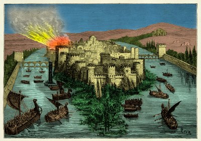 Het beleg van Parijs in 845 door de Vikingen met Ragnar Lodbrok aan hun hoofd door Unknown artist