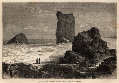 De ruïnes van Birs Nimroud, geïdentificeerd als de mythische toren van Babel. Gravure ter illustratie van de reis naar Babylon, in 1866, door Guillaume Lejean, in Le tour du monde, nouveau journal des voyages door Unknown artist