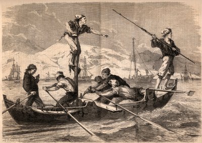 De zwaardvis harpoenvissen (pesce spada, zwaardvis) aan de kust van Sicilië in Italië in 1862. Gravure in 