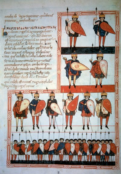 De tien koningen van de apocalyps met speren en schilden met hun troepen. Miniatuur in Beatus de Liebana, Commentaar op de Apocalyps door Unknown artist