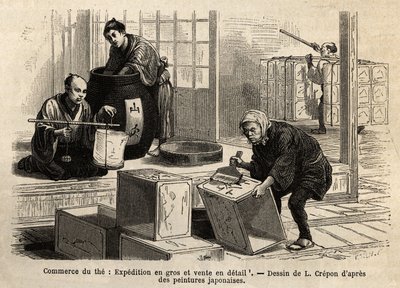 De handel in thee: groothandel en detailhandel verzending. Gravure ter illustratie van de reis naar Japan, door Aime Humbert, minister van de Zwitserse Confederatie, in 1863-1864, gepubliceerd in 