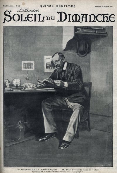 Het proces van het Hooggerechtshof: de heer Paul Deroulede (1846-1914), een Franse schrijver en nationalistische activist die een belangrijke rol speelt in het anti-dreyfusisme, in zijn cel na zijn mislukte staatsgreep op 23 februari. Gravure in 