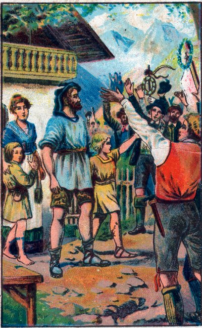 Het eerbetoon van de confederatie aan Guillaume Tell (Wilhelm Tell) (legendarische held van de Zwitserse onafhankelijkheid). Chromolithografie uit het einde van de 19e eeuw. door Unknown artist