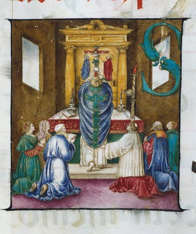 De verheffing van de hostie. Lettrine S. - uit een 16e-eeuws koor. Kerk van de Gekroonde Maagd van Lodi. door Unknown artist