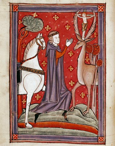 De visie van Sint Eustatius. Sint Eustachius tegenover een hert met een afbeelding van Christus gekruisigd tussen zijn gewei. Miniatuur uit een 13e-eeuws manuscript door Unknown artist