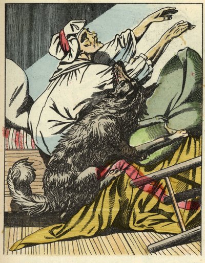 De wolf slaat de grootmoeder van Roodkapje. Illustratie van het sprookje 