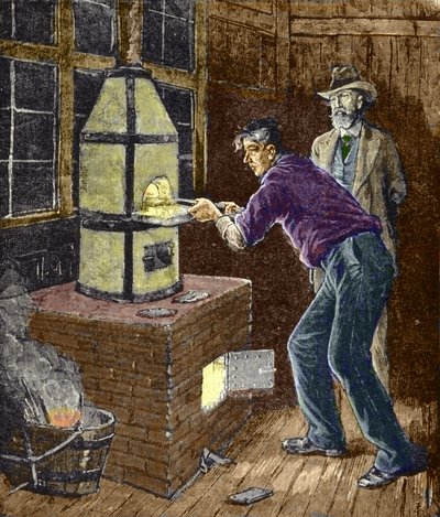 Thomas Edison experimenteert rond 1879 met carbonpapier voor de gloeilamp door Unknown artist