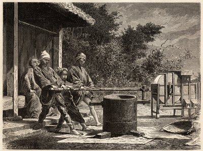 Drie boeren bedienen de rijstmolen door Unknown artist