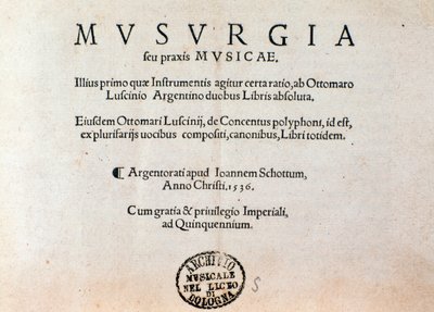Titelpagina van Musurgia praktisch handboek van muziek (1536) door Unknown artist