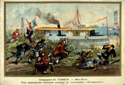 Tonkin Campagne: in Bac-Ninh, een Chinese hinderlaag valt de kanonneerboot 