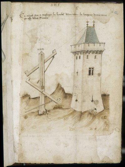Torenmeetinstrument - Manuscript: perkamentblad van een ingenieurshandboek voor de bouw van civiele, religieuze en militaire gebouwen, anoniem, eind 15e eeuw (figuur in Chinese inkt) door Unknown artist