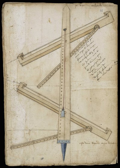 Torenmeetinstrument - Manuscript: perkamentblad van een ingenieurshandboek voor de bouw van civiele, religieuze en militaire gebouwen, anoniem, eind 15e eeuw (figuur in Chinese inkt) door Unknown artist
