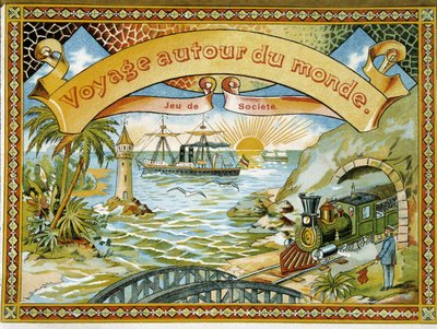 Trein, vuurtoren en boot, omslag spel Reis rond de wereld, 19e eeuw door Unknown artist