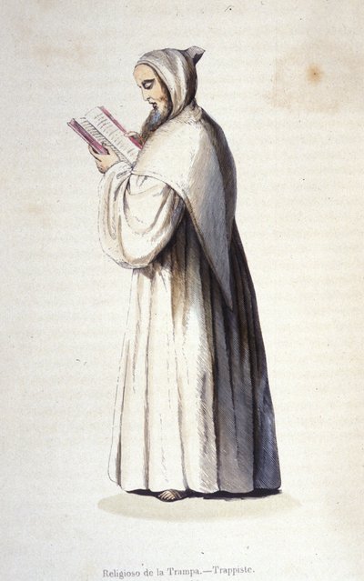 Trappistenmonnik, orde van Citeaux die de hervormde regel van de Trappe volgt, ingesteld in 1664 door Rancé. Gravure uit de 19e eeuw door Unknown artist