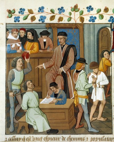 Rechtszaak: de rechter ondervraagt een veroordeelde met een touw om zijn nek door Unknown artist