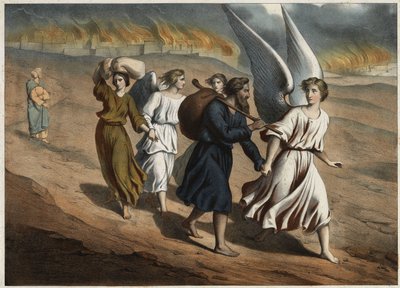Twee engelen begeleiden Lot en zijn dochters die de stad Sodom moeten verlaten, die net als Gomorra door God wordt vernietigd. Lots vrouw die terugkeert naar de stad ondanks het verbod, zal als een zoutpilaar worden versteend. Anonieme gravure uit het midd door Unknown artist