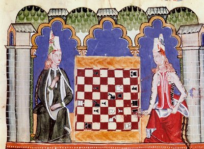 Twee vrouwen die schaken. Miniatuur uit het manuscript 