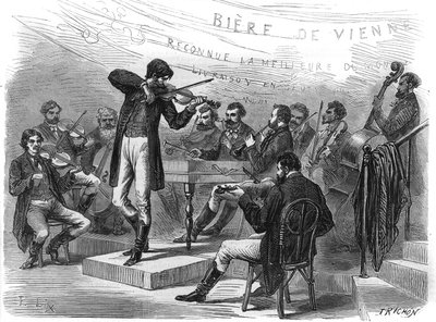 Wereldtentoonstelling: Zigeunermuzikanten uit de Oostenrijkse sectie. Gravure in 