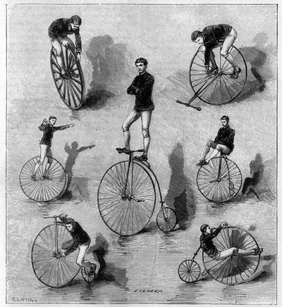 Velocipedoefeningen door de Amerikaan Dan Canary. Gravure in 