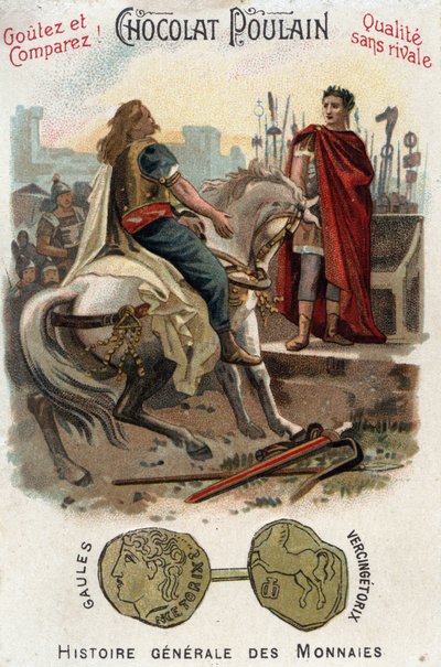 Vercingetorix (72-46 v.Chr.), leider van de Gallische opstand, legt de wapens neer aan de voeten van Caesar (100-44 v.Chr.), na definitief de stad Alesia te hebben verloren - In Algemene Geschiedenis van Munten - Chocolade-Foal Chromolithografie van de lat door Unknown artist