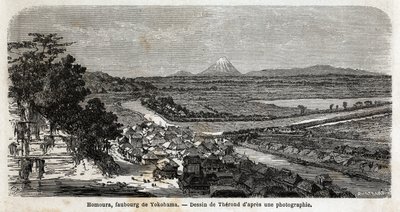 Uitzicht op Homoura, buitenwijk van Yokohama, met de berg Fuji op de achtergrond. Gravure ter illustratie van de reis naar Japan in 1863-1864, door Aime Humbert, minister van de Zwitserse Confederatie, in 