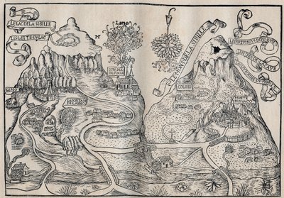 Uitzicht op de berg Sibille (Paradijs van Koningin Sybille) (Dubbele kaart van de berg Pilatus en de berg Sibyl) - Antoine de La Sale (La Salle) Franse satirische schrijver van de 15e eeuw. door Unknown artist
