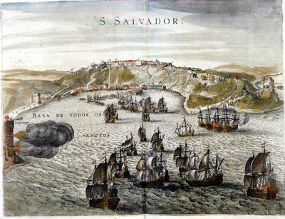 Uitzicht op Salvador, vroeger bekend als Bahia, hoofdstad van Brazilië in 1549, toen het werd gesticht - Gravure uit de 16e eeuw door Unknown artist