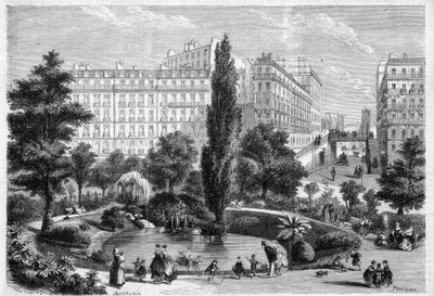 Uitzicht op Square Montholon en de brug van Rue Bellefond in Parijs in het 9e arrondissement. Gravure in 