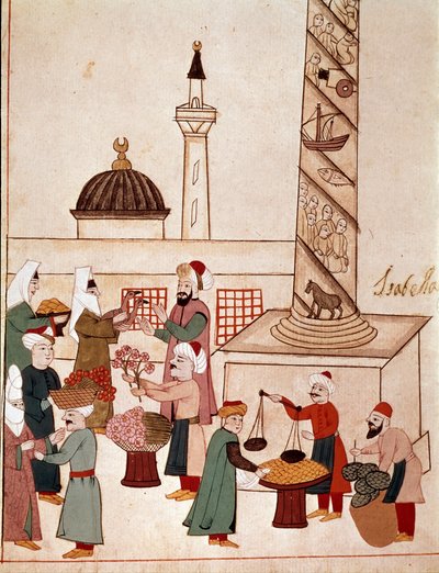 Uitzicht op een bazaar in Constantinopel. Miniatuur uit een 19e-eeuws Cicogna-manuscript (1828) naar een origineel uit de 17e eeuw (1671). Venetië, Biblioteca Marciana door Unknown artist
