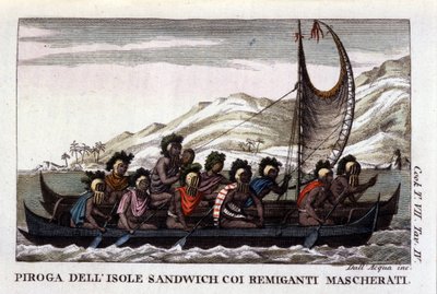 Zicht op een kano met zeilen van de Hawaiiaanse eilanden in Polynesië, de bemanning draagt typische maskers. Lithografie uit het begin van de 19e eeuw door Unknown artist