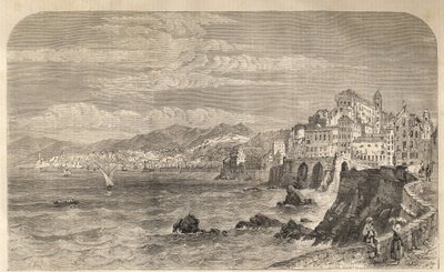 Uitzicht op de oude haven van Genua - Uitzicht op de haven van Genua - Genua in 1861 - Gravure. door Unknown artist