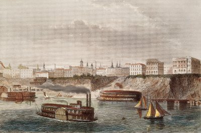 "Uitzicht op de stad Cincinnati en de gelijknamige rivier in Ohio" Stoom- en radboten varen. Gravure uit de 19e eeuw door Unknown artist