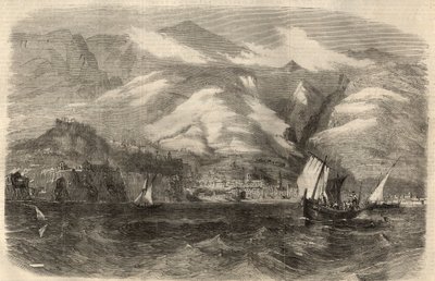Uitzicht op de stad Funchal op het eiland Madeira in Portugal. Gravure in 