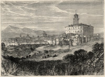Zicht op de stad Monterotondo in Italië. Gravure in 