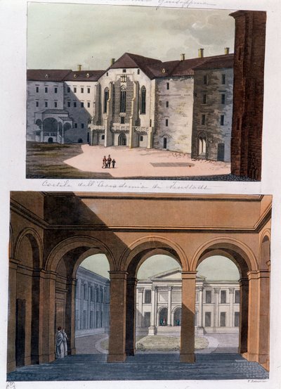 Uitzicht op de binnenplaats van de Academie van Neustadt en de openbare baden in Wenen, Oostenrijk. Gravure uit 1826 door Unknown artist