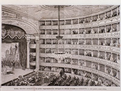 Uitzicht op de eerste uitvoering van de opera De Hertog van Alba, in het Teatro Apollo, Rome door Unknown artist