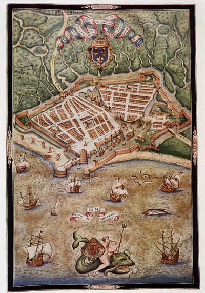 Uitzicht op de haven van Le Havre in 1583 - uit een verlucht manuscript door Jacques Delvaux, piloot van de marine, opgedragen aan Admiraal de Joyeuse door Unknown artist