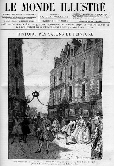Bezoek aan de tentoonstelling van schilderijen op Place Dauphine op Ile de la Cite in Parijs, op de dag van het feest van God in 1725. Gravure in 