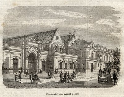Zicht op het Conservatorium van Kunsten en Ambachten in Parijs - gravure in 