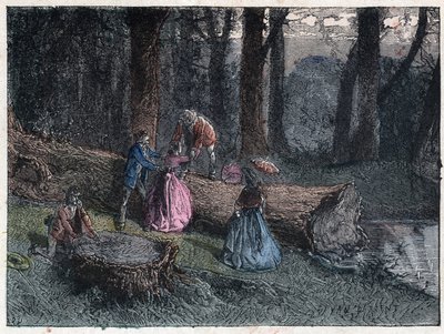 Wandelaars proberen de leeftijd van een dode eik te berekenen door de stam van de boom te bestuderen. Gravure eind 19e eeuw. door Unknown artist