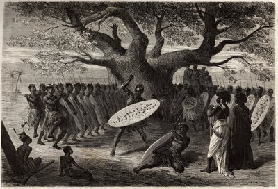 Krijgsoefeningen van de Landines of caffres-zulus, een Sena (Zambese riviergebied, Mozambique). Gravure ter illustratie van Dr. Livingstone