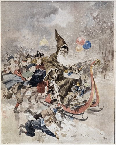 Aquarel die de Kerstman afbeeldt. 