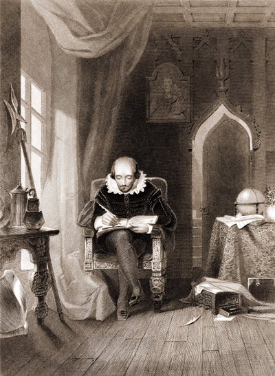 William Shakespeare (1564 - 1616) in zijn kantoor door Unknown artist