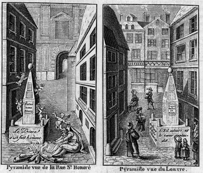Winterpiramide 1784 in Parijs. Facsimile van twee prenten gepubliceerd in La Pyramide de neige, almanak van 1786. Gravure in La Nature: revue des sciences et de leurs applications aux arts et a l
