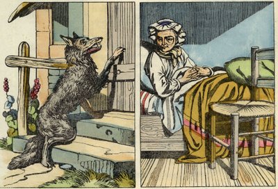 De wolf klopt op de deur van grootmoeder. Illustratie van het sprookje 