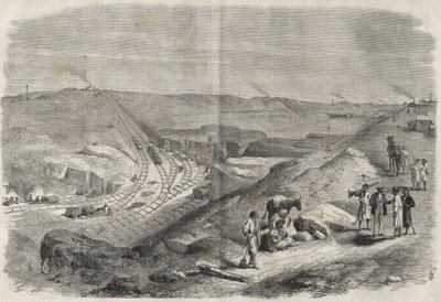 Werkzaamheden aan het Suezkanaal 1864 - Bouwplaats en boorwerkzaamheden aan het Suezkanaal in 1864 (Chaluf Tranchée). door Unknown artist