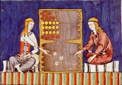 Jonge vrouwen die tric trac (tri-trac) spelen, voorloper van Backgammon - Miniatuur uit het manuscript 